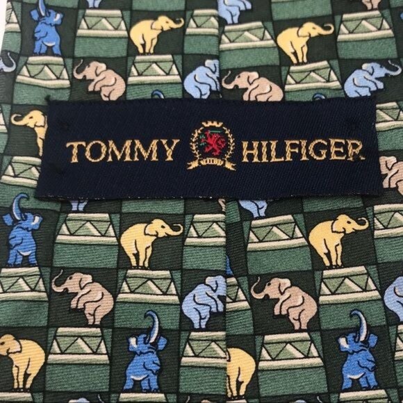 Tommy Hilfiger Necktie Tie Circus Elephants Peanuts Green Blue Yellow 58" - Picture 5 of 7